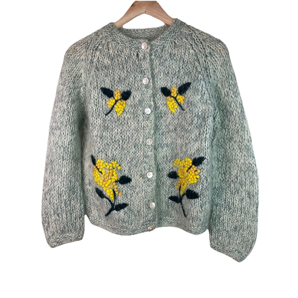 Women's Green Fuzzy Chunky Knit Yellow Floral Button Up Cardigan Sweater